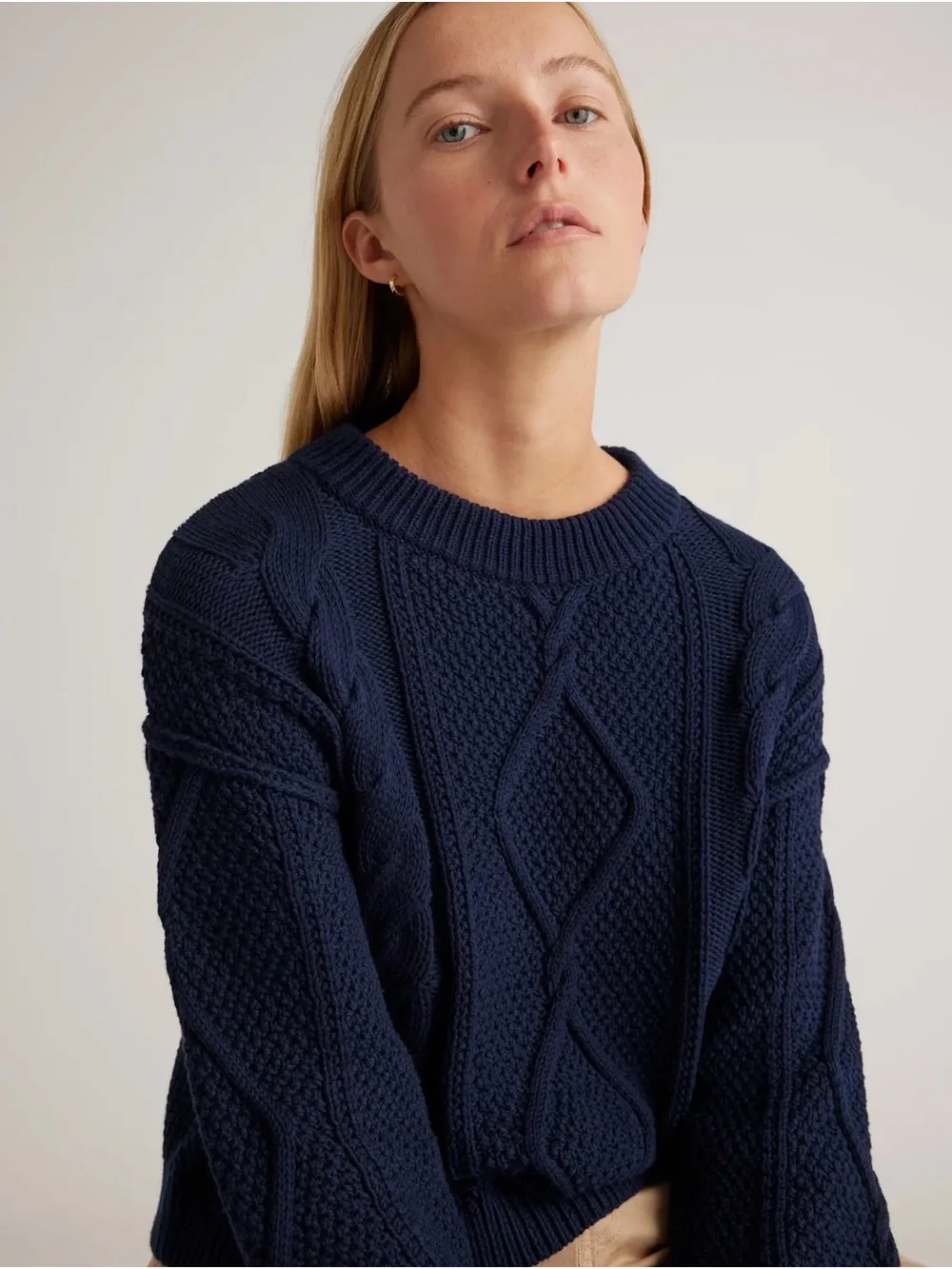 Quince 100% Organic Cotton Cropped Cable Crew Sweater‎ Size Large